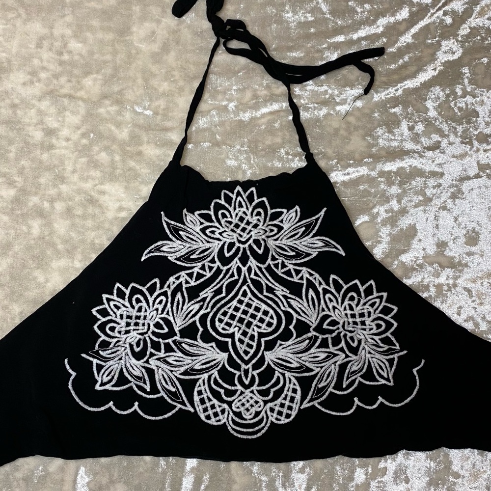 Black and white embroidered halter top